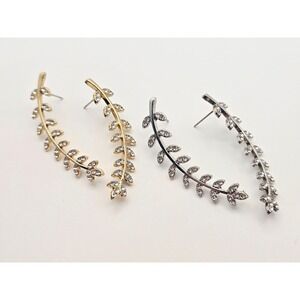 2 Pair Crystal Leaf Ear Climber Earrings Set Gold & Silver Tone Vine Ear Crawler